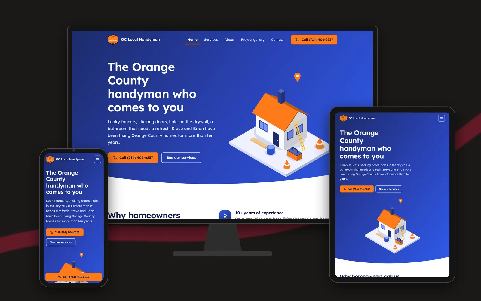 The OC Local Handyman site shown on a desktop monitor, a tablet and a phone, with the layout adapting to each screen